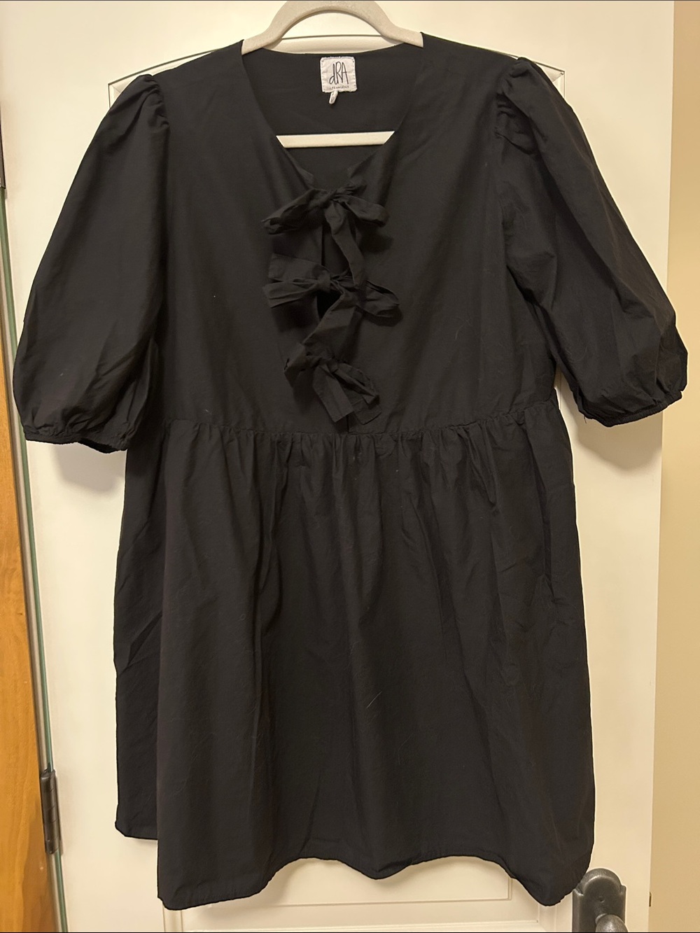 Black Puff-Sleeve Mini Dress with Front Tie Detail Puff Sleeve Flowy